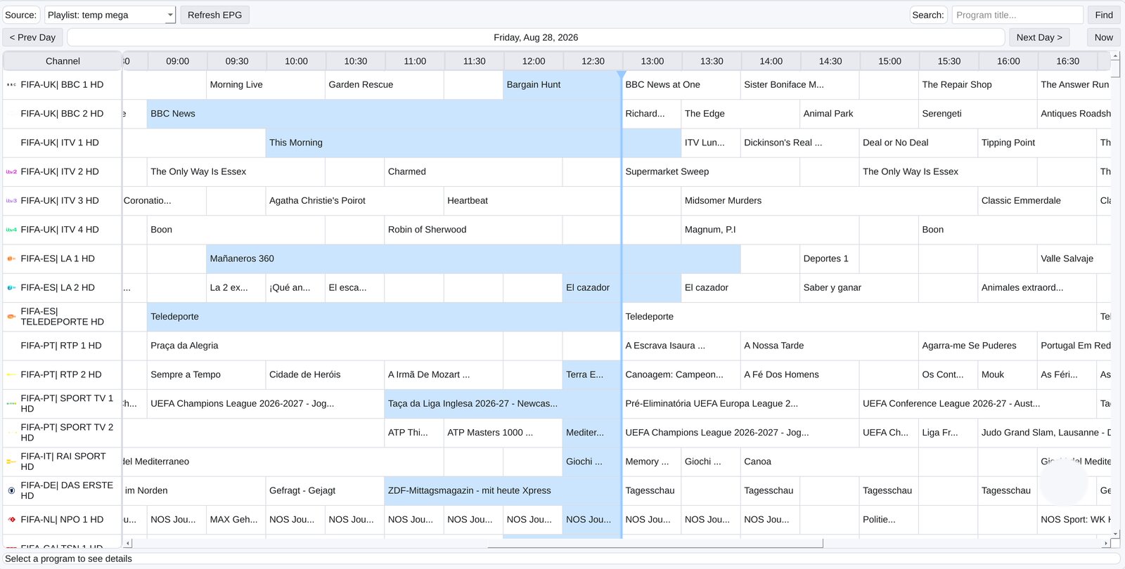 The Global TV Guide: a timeline grid of what is on across every channel