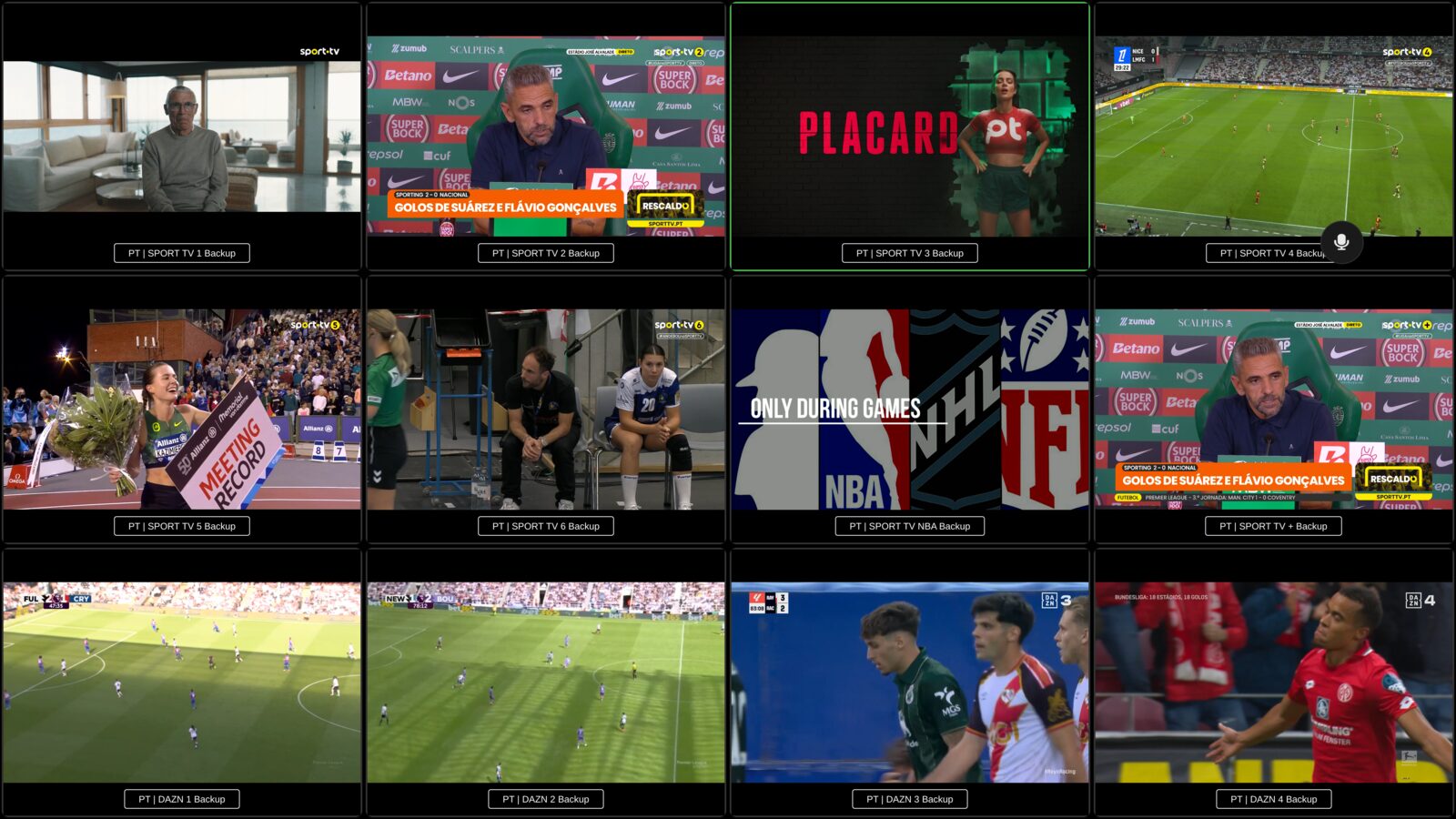 Twelve live channels playing at once in the Multi-View grid, filling the screen